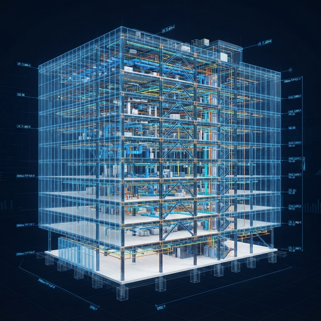 3D BIM building information model with structural framing