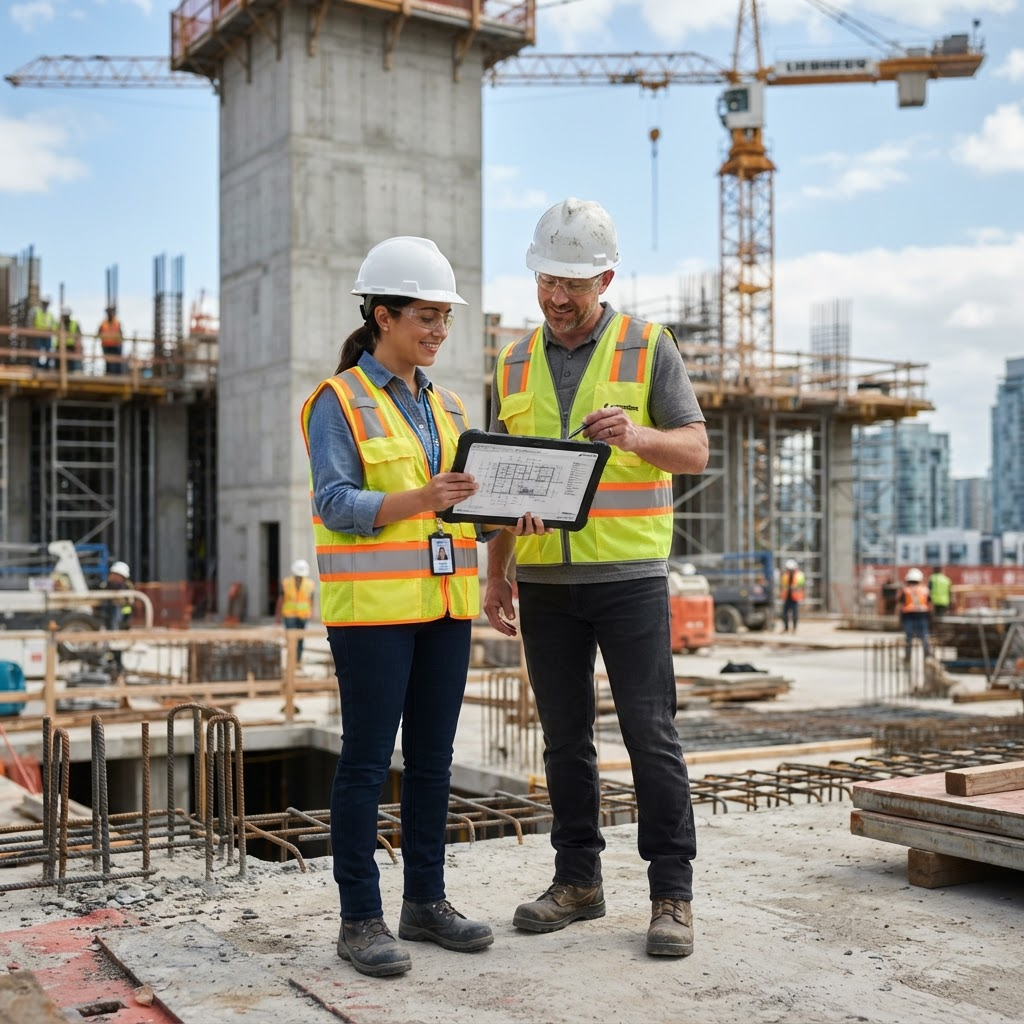 Engineers reviewing structural drawings at a construction site