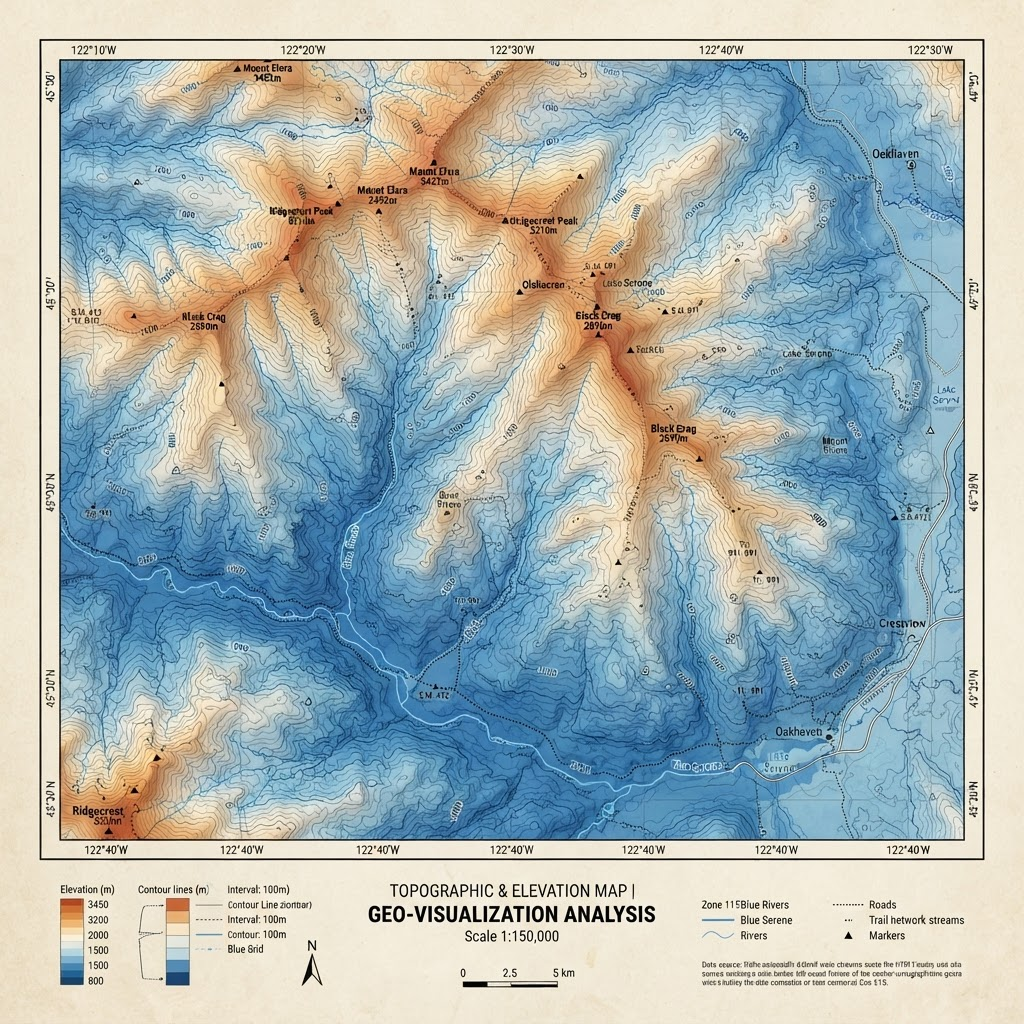 GIS geospatial terrain map with contour lines and elevation zones