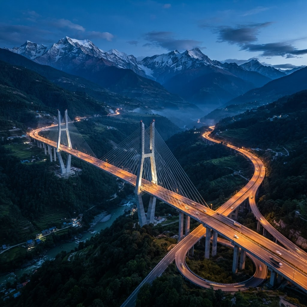 Modern bridge and highway infrastructure in a mountain valley